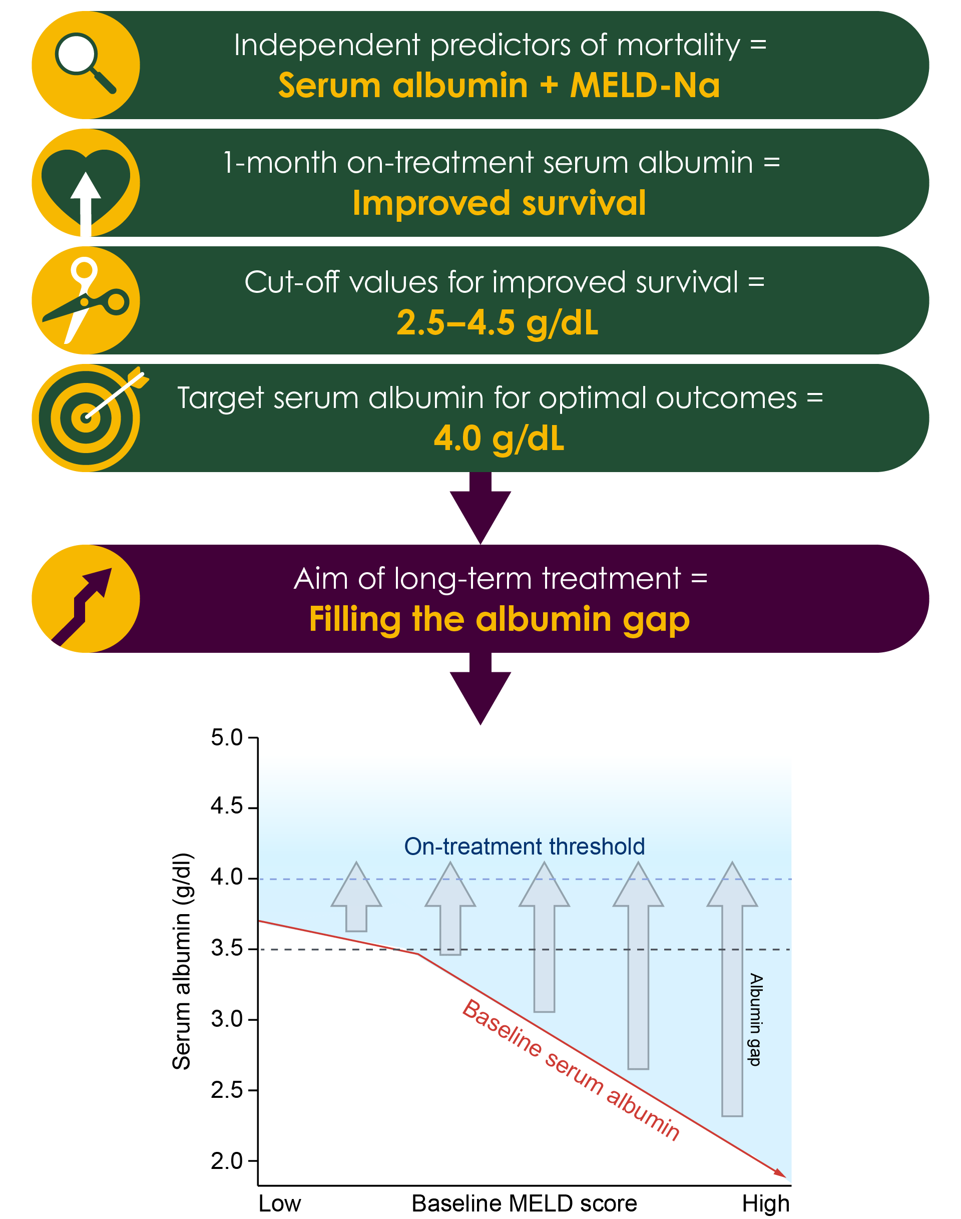 Figure 1. Implications of associations between serum albumin levels and clinical outcomes. The graph illustrating the albumin gap hypothesis is reprinted from Caraceni P et al1 with permission from Elsevier. MELD-Na, model for end-stage liver disease score incorporating serum sodium concentration.