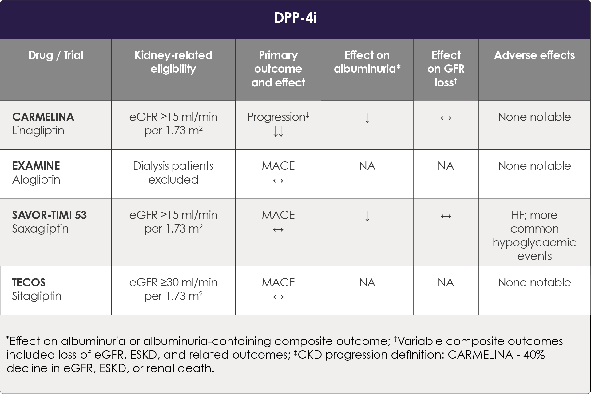 Overview of selected large, placebo-controlled clinical outcome trials assessing the benefits and adverse effects of DPP-4i in chronic kidney disease